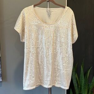 🍕🪻Chico’s Champagne Gold Sequin T-Shirt | Viscose Cotton Occasion Large CLOSEOUT